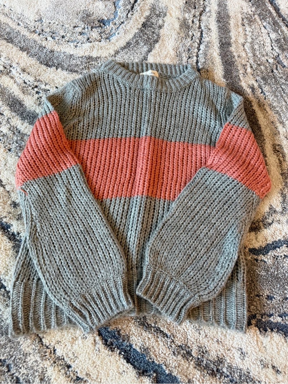 Striped Crewneck Sweater in Gray and Coral